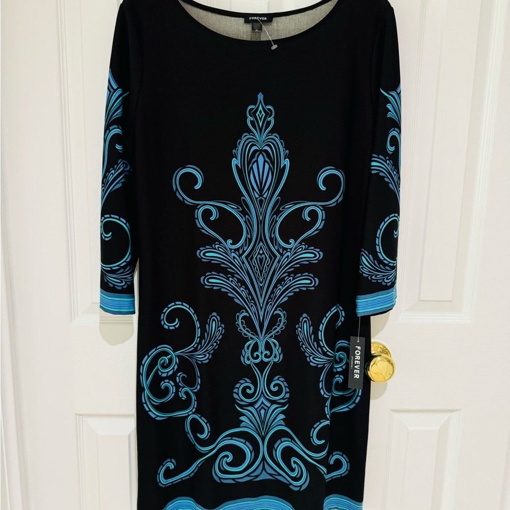 NWT XL Black and Blue Patterned Dress Forever new